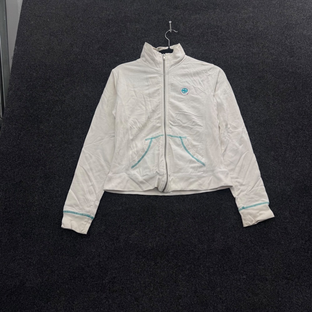 Split Womens Small Off White Full Zip Track Jacket Teal Stitching Graphic Back